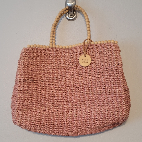 Nine West Pastel Pink Straw Wood‎ Bead Woven Bag - Picture 1 of 9